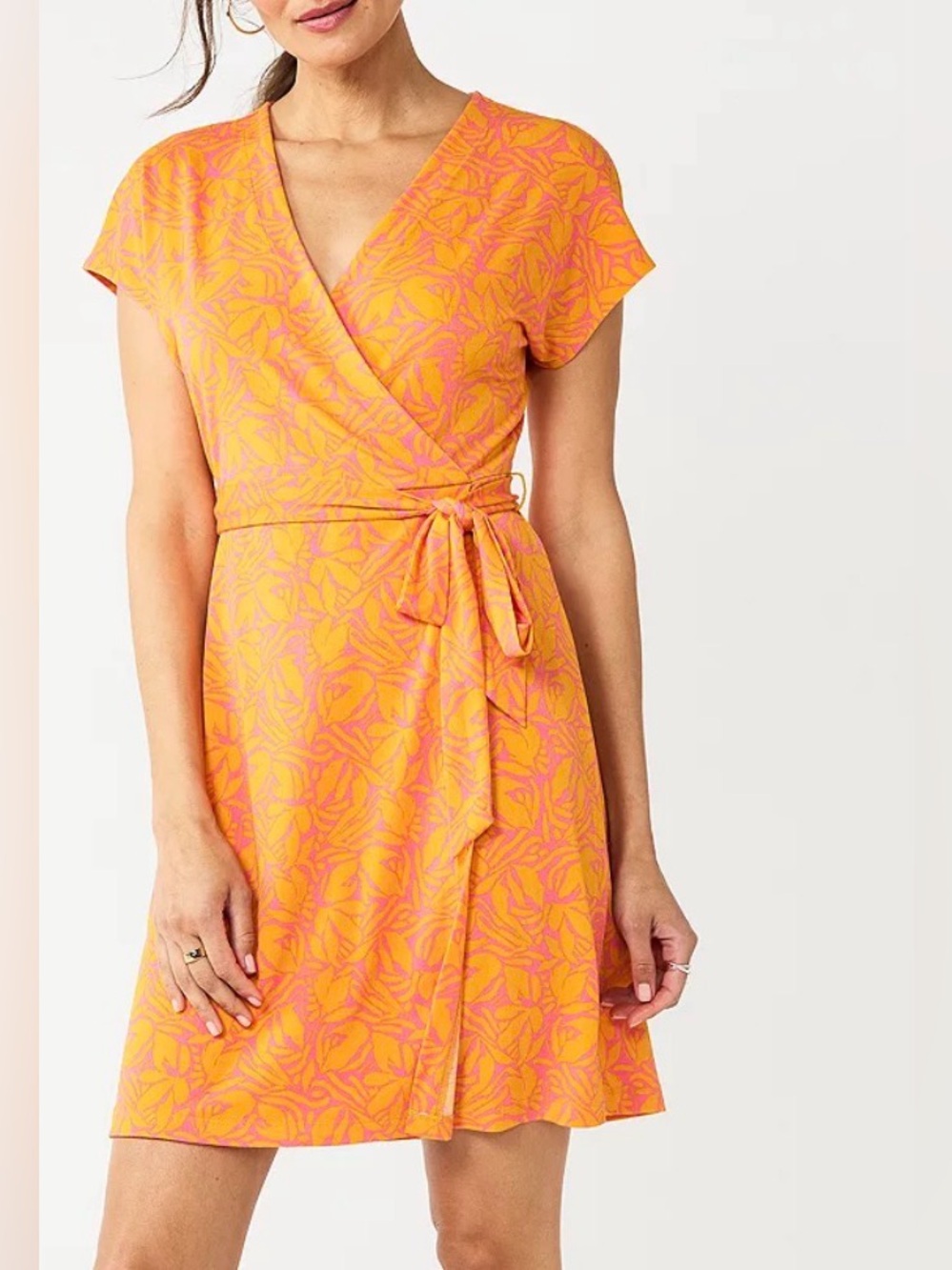 Nine West Orange and Pink Leaf-Print Wrap Dress with Tie Waist